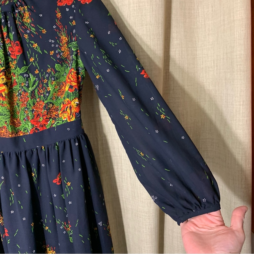 Vintage 70s Floral Maxi Dress Blue Colorful Sz 8 Sheer Long Sleeve Elegant Gown - Picture 8 of 16